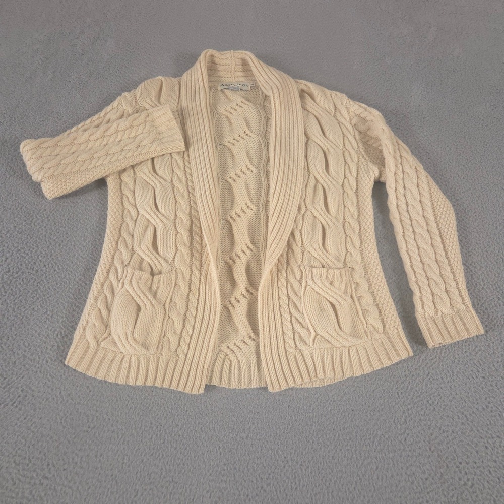 Aran Mor Sweater Womens‎ L Cream Merino Wool Cable Knit Cardigan Shawl Ireland